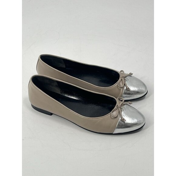 Tory Burch Cap Toe Ballet Flat Beige / Oyster Silver Metallic Sz 9 - Picture 3 of 7